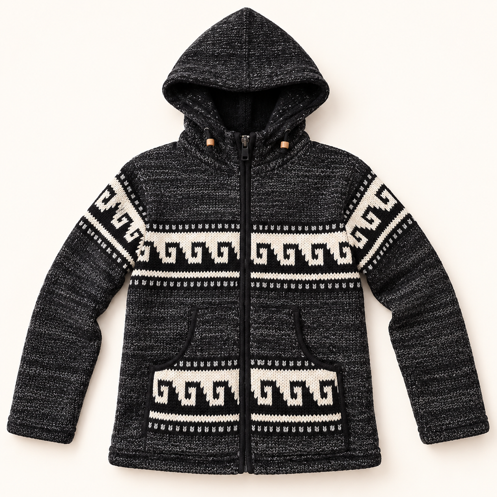 Charcoal Hooded Knit Jacket with Geometric Pattern