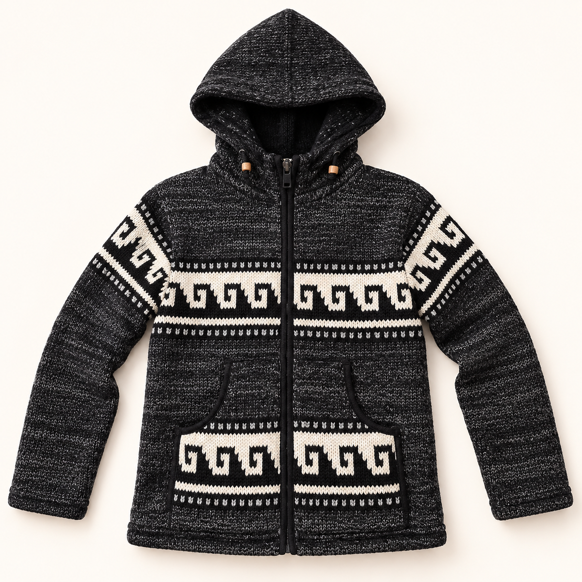 Charcoal Hooded Knit Jacket with Geometric Pattern