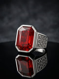 Men Red Stone Silver Plated Ring| Royal Red Crystal Square Ring for Boys & Men