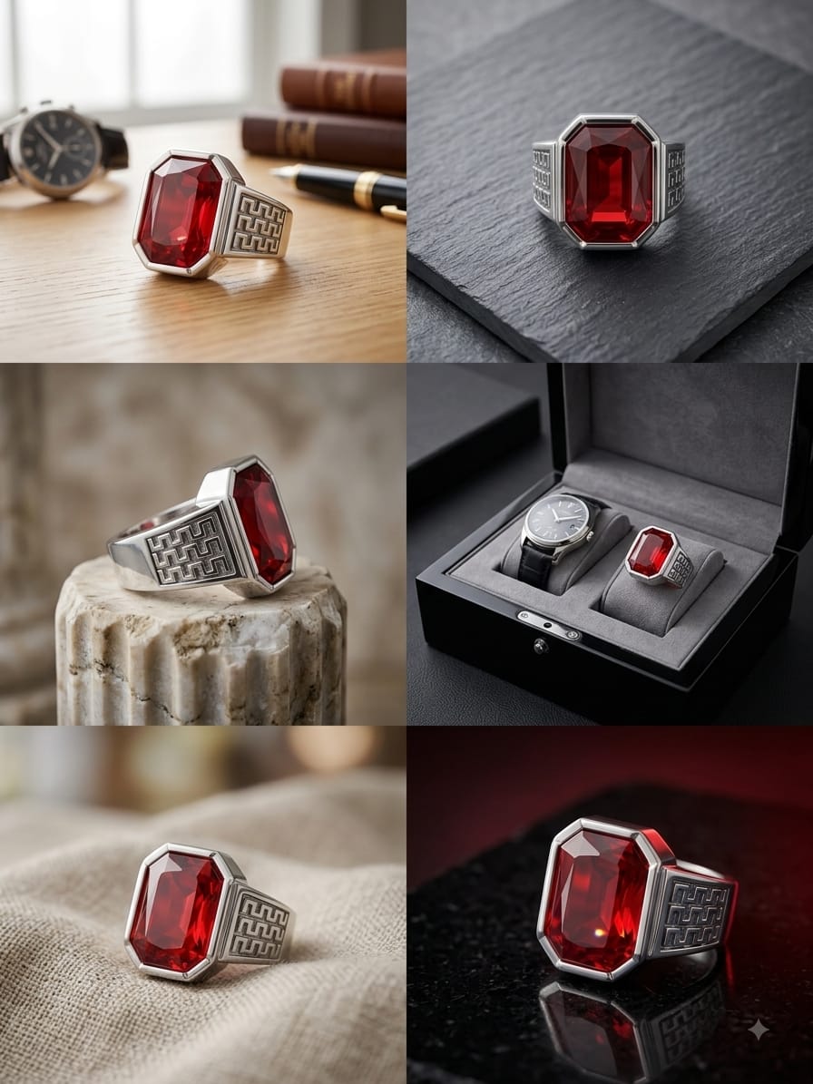 Men Red Stone Silver Plated Ring| Royal Red Crystal Square Ring for Boys & Men