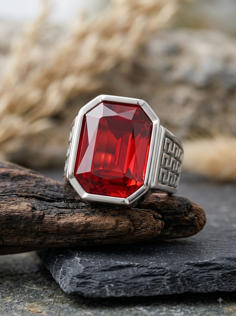 Men Red Stone Silver Plated Ring| Royal Red Crystal Square Ring for Boys & Men