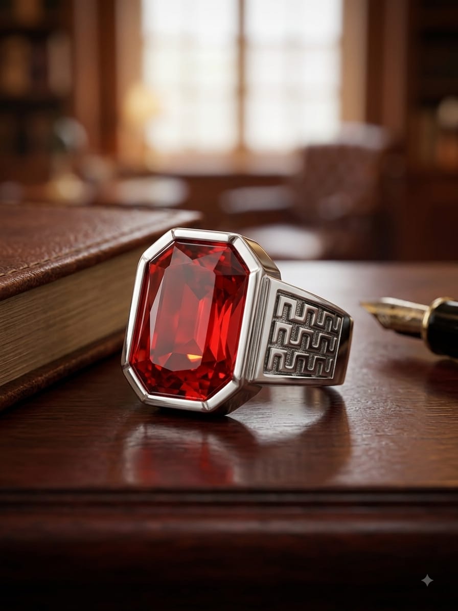 Men Red Stone Silver Plated Ring| Royal Red Crystal Square Ring for Boys & Men