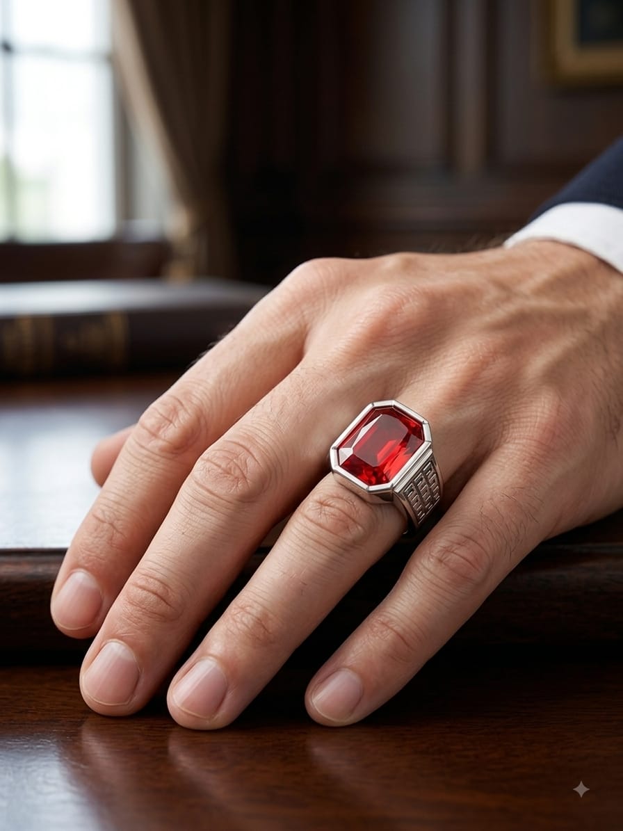 Men Red Stone Silver Plated Ring| Royal Red Crystal Square Ring for Boys & Men